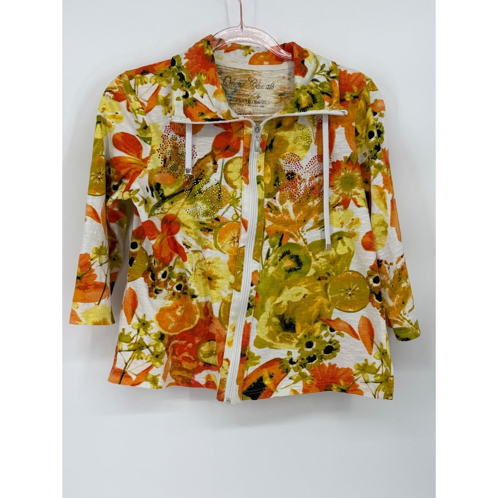Onque Casual Sz S Floral Print Jacket Orange Yellow Colorful 3/4 Sleeve